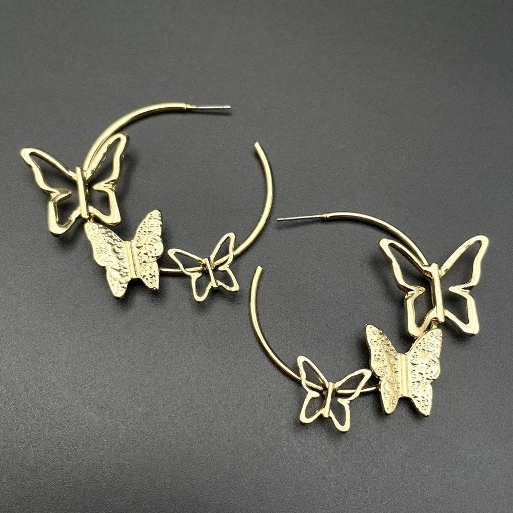 Yellow Gold Open Round Multiple Butterfly Hoop Post Back Earrings